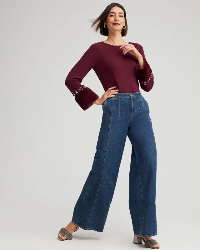 Faux Fur Trim Embellished Sweater - image 2